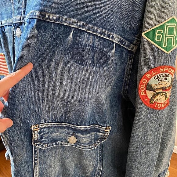 Polo Ralph Lauren Sportsman Distress Patch Trucker Jean Jacket Big 4X USA FLAG - Picture 11 of 15